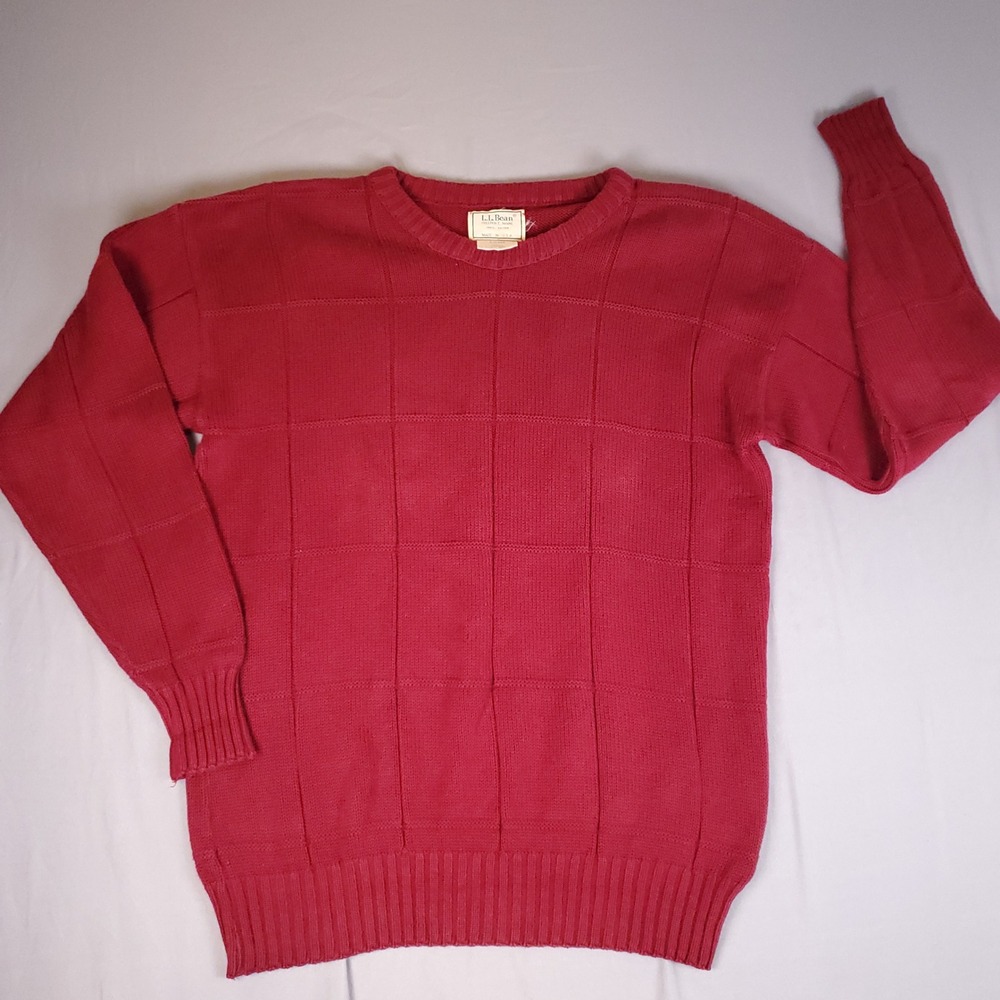 Vintage LL Bean Sweater Mens Large Red Grid Heavy Textured Cotton Crewneck USA